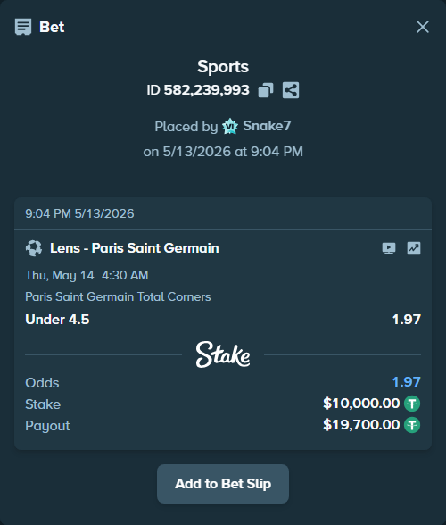 Bet slip: Lens - Paris Saint Germain, $10,000.00 stake at 1.97 odds, placed by Snake7