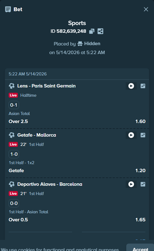 Bet slip: Lens - Paris Saint Germain, $10,000.00 stake at 1.60 odds, placed by Hidden