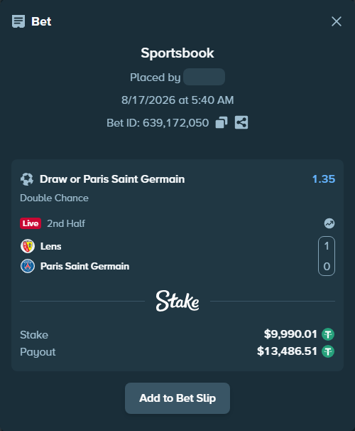 Bet slip: Lens - Paris Saint Germain, $10,000.00 stake at 1.35 odds, placed by rasulovm