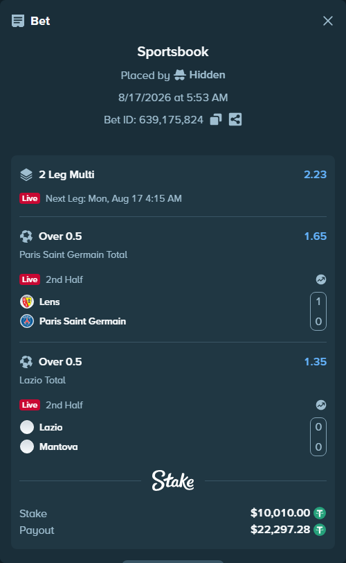 Bet slip: Lens - Paris Saint Germain, $10,020.01 stake at 1.65 odds, placed by Hidden