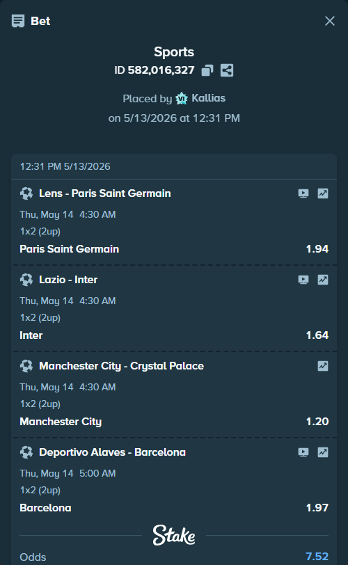 Bet slip: Lens - Paris Saint Germain, $9,012.48 stake at 1.94 odds, placed by Kallias