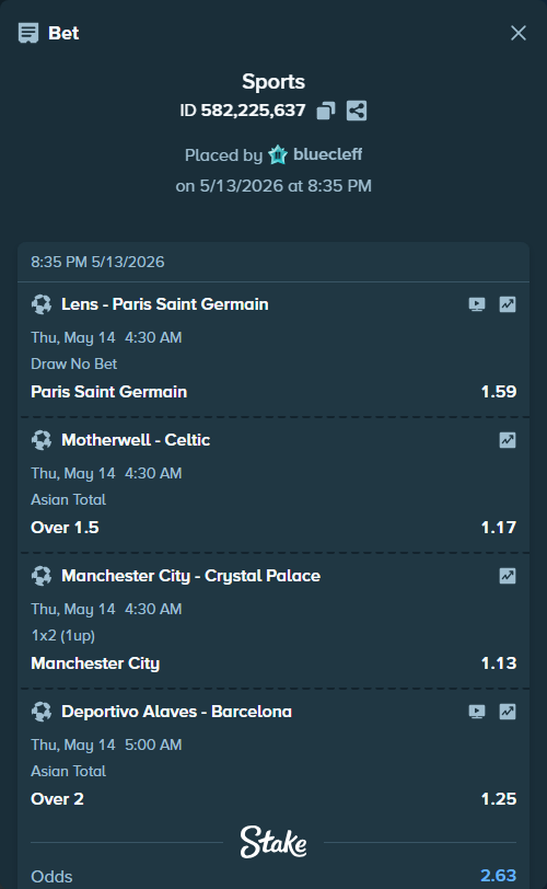 Bet slip: Lens - Paris Saint Germain, $12,265.00 stake at 1.59 odds, placed by bluecleff