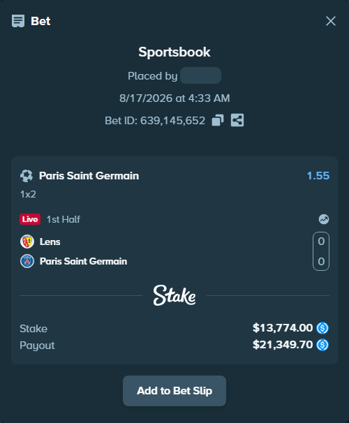 Bet slip: Lens - Paris Saint Germain, $13,774.00 stake at 1.55 odds, placed by davidosnn