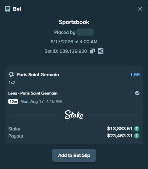 Bet slip: Lens - Paris Saint Germain, $13,897.50 stake at 1.69 odds, placed by Stevediallo