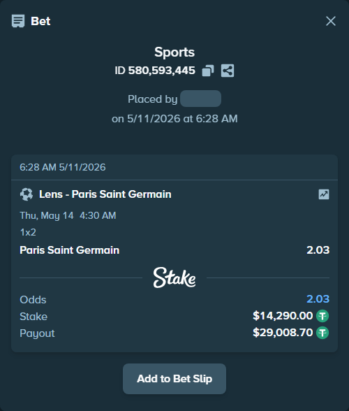 Bet slip: Lens - Paris Saint Germain, $14,290.00 stake at 2.03 odds, placed by bluecleff