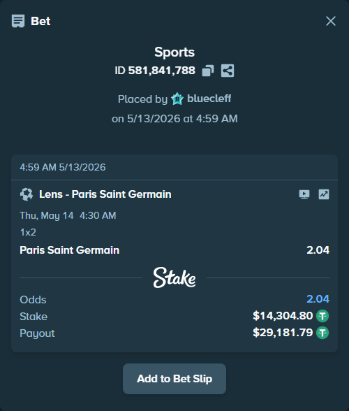 Bet slip: Lens - Paris Saint Germain, $14,304.80 stake at 2.04 odds, placed by bluecleff