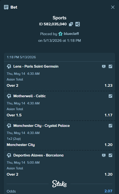 Bet slip: Lens - Paris Saint Germain, $14,480.00 stake at 1.23 odds, placed by bluecleff