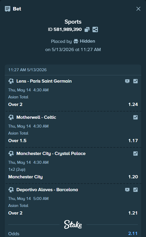 Bet slip: Lens - Paris Saint Germain, $20,000.00 stake at 1.24 odds, placed by Hidden