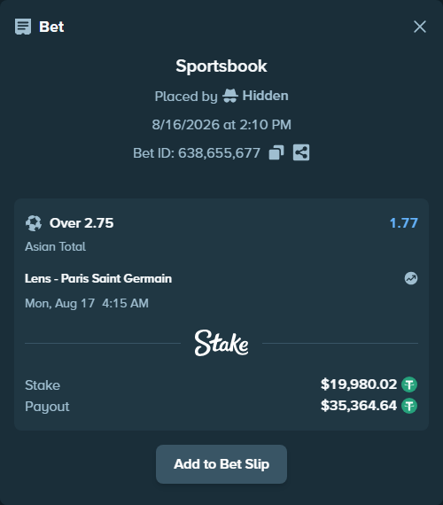 Bet slip: Lens - Paris Saint Germain, $20,000.00 stake at 1.77 odds, placed by Hidden