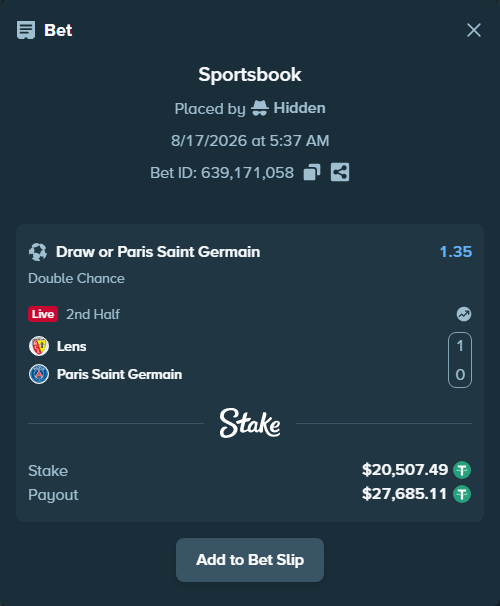 Bet slip: Lens - Paris Saint Germain, $20,528.00 stake at 1.35 odds, placed by Hidden