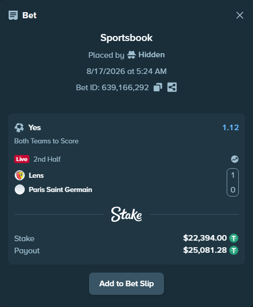 Bet slip: Lens - Paris Saint Germain, $22,416.39 stake at 1.12 odds, placed by Hidden