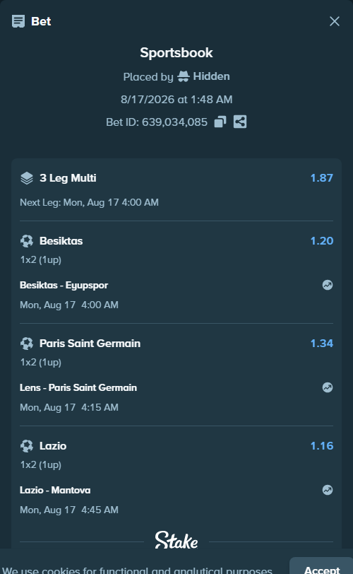 Bet slip: Lens - Paris Saint Germain, $23,735.00 stake at 1.34 odds, placed by Hidden