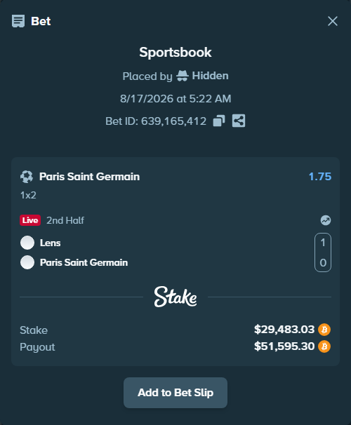 Bet slip: Lens - Paris Saint Germain, $29,404.06 stake at 1.75 odds, placed by Hidden