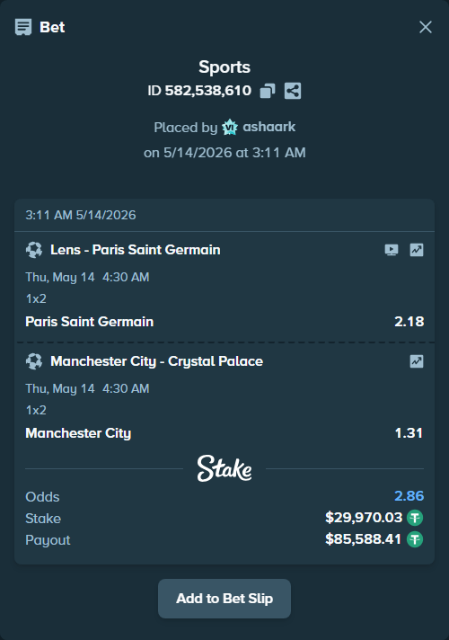 Bet slip: Lens - Paris Saint Germain, $30,000.00 stake at 2.18 odds, placed by ashaark