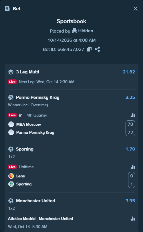 Bet slip: Lens - Sporting, $10,000.00 stake at 1.70 odds, placed by Hidden