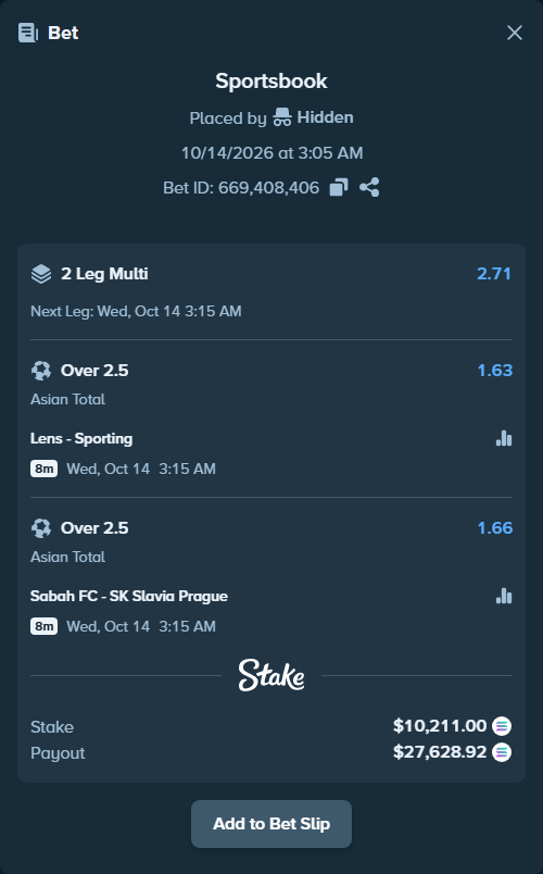 Bet slip: Lens - Sporting, $10,151.13 stake at 1.63 odds, placed by kenthimself