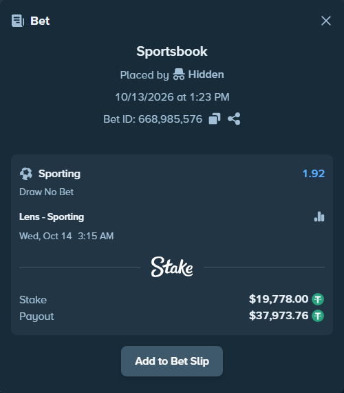 Bet slip: Lens - Sporting, $19,797.78 stake at 1.92 odds, placed by Othmane2kiks