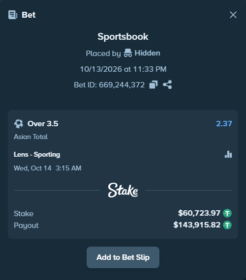 Bet slip: Lens - Sporting, $60,784.70 stake at 2.37 odds, placed by artur58500