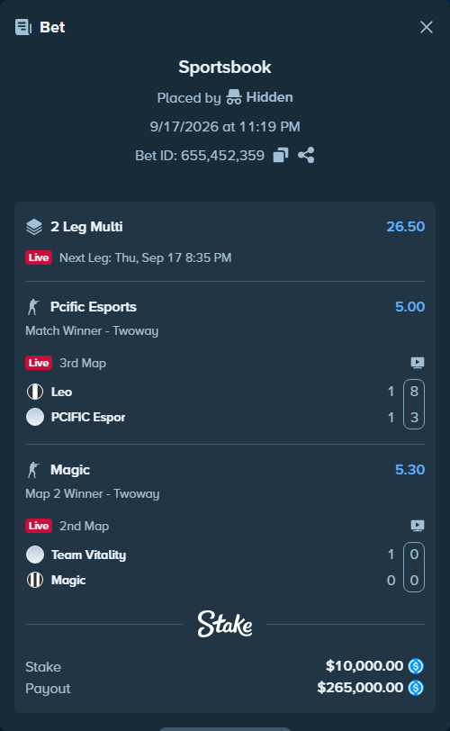 Bet slip: Leo Team - Pcific Esports, $10,000.00 stake at 5.00 odds, placed by Hidden