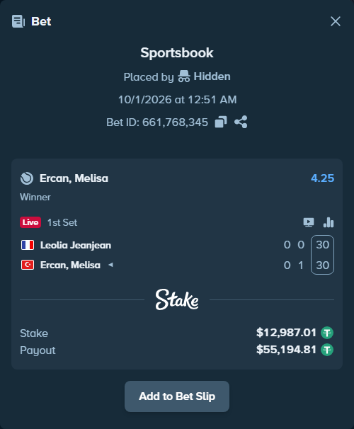 Bet slip: Leolia Jeanjean - Ercan, Melisa, $13,000.00 stake at 4.25 odds, placed by Hidden