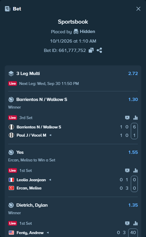 Bet slip: Leolia Jeanjean - Ercan, Melisa, $20,000.00 stake at 1.55 odds, placed by Hidden