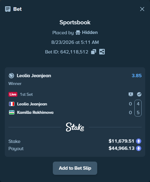 Bet slip: Leolia Jeanjean - Kamilla Rakhimova, $11,624.08 stake at 3.85 odds, placed by Hidden