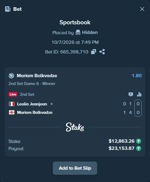 Bet slip: Leolia Jeanjean - Mariam Bolkvadze, $12,858.11 stake at 1.80 odds, placed by itsreezyy