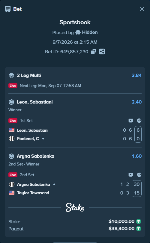 Bet slip: Leon, Sabastiani - Fontenel, C, $10,000.00 stake at 2.40 odds, placed by Hidden