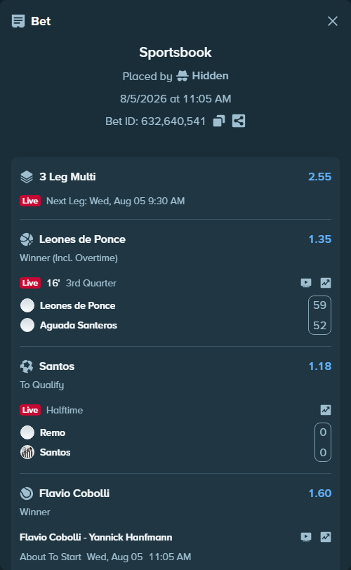 Bet slip: Leones de Ponce - Aguada Santeros, $20,000.00 stake at 1.35 odds, placed by Hidden