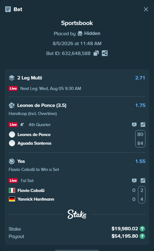 Bet slip: Leones de Ponce - Aguada Santeros, $20,000.00 stake at 1.75 odds, placed by Hidden