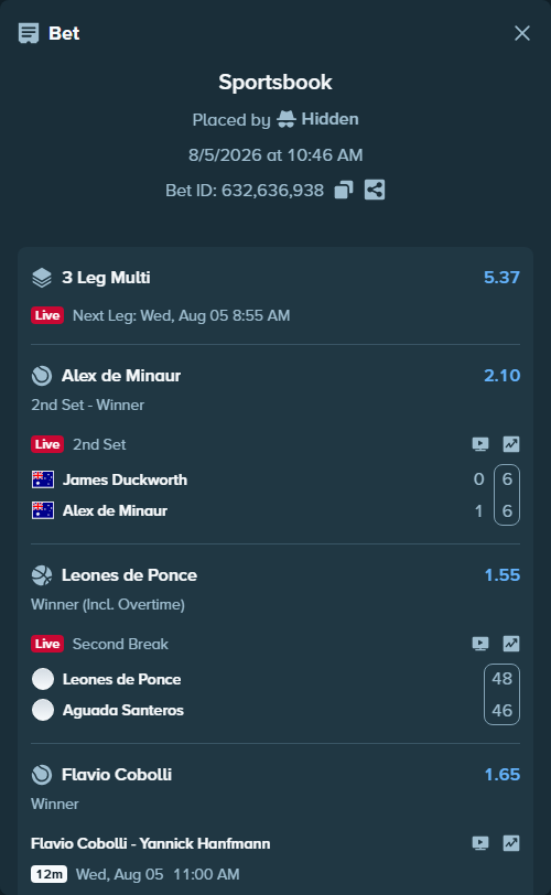 Bet slip: Leones de Ponce - Aguada Santeros, $25,000.00 stake at 1.55 odds, placed by Hidden