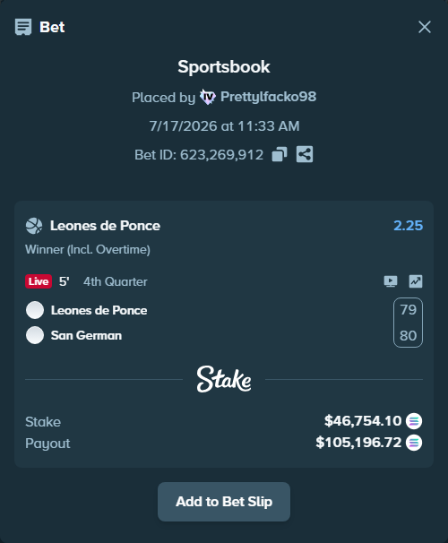 Bet slip: Leones de Ponce - Atleticos de San German, $45,324.25 stake at 2.25 odds, placed by Prettylfacko98