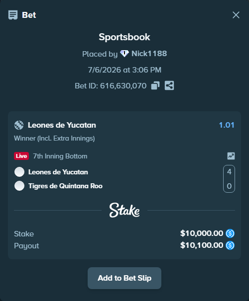 Bet slip: Leones de Yucatan - Tigres de Quintana Roo, $10,000.00 stake at 1.01 odds, placed by Nick1188