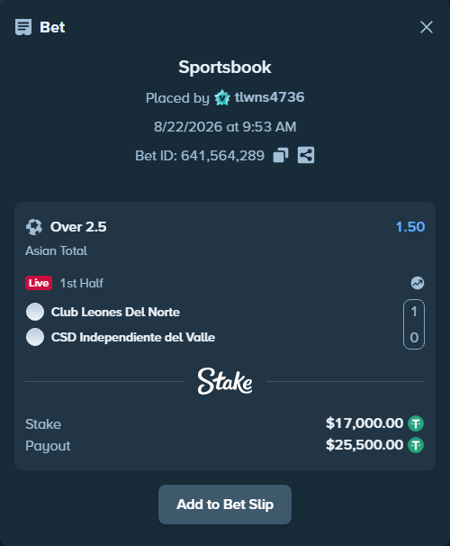 Bet slip: Leones Futbol Club - CSD Independiente del Valle, $17,000.00 stake at 1.50 odds, placed by tlwns4736