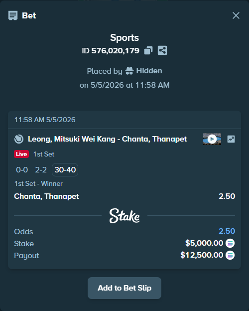 Bet slip: Leong, Mitsuki Wei Kang - Chanta, Thanapet, $4,348.71 stake at 2.50 odds, placed by Hidden