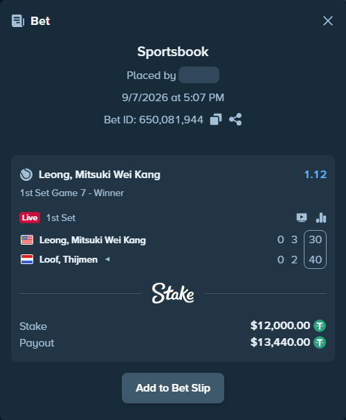 Bet slip: Leong, Mitsuki Wei Kang - Loof, Thijmen, $12,000.00 stake at 1.12 odds, placed by diomancy