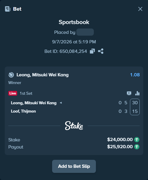 Bet slip: Leong, Mitsuki Wei Kang - Loof, Thijmen, $24,000.00 stake at 1.08 odds, placed by diomancy
