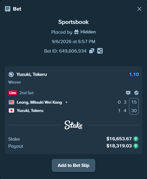 Bet slip: Leong, Mitsuki Wei Kang - Yuzuki, Takeru, $16,652.00 stake at 1.10 odds, placed by Hidden