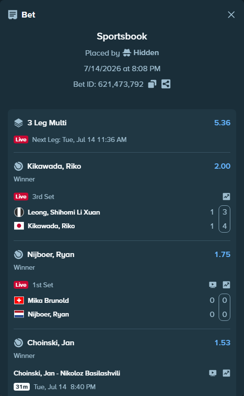 Bet slip: Leong, Shihomi Li Xuan - Kikawada, Riko, $10,000.00 stake at 2.00 odds, placed by Hidden