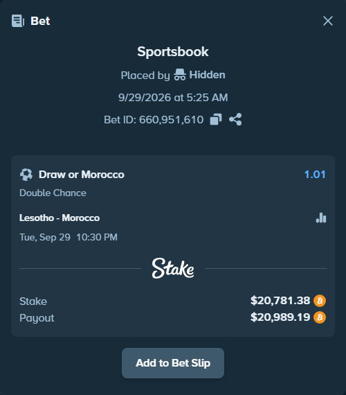 Bet slip: Lesotho - Morocco, $20,828.50 stake at 1.01 odds, placed by megah29