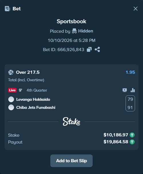 Bet slip: Levanga Hokkaido - Chiba Jets Funabashi, $10,197.15 stake at 1.95 odds, placed by Hidden