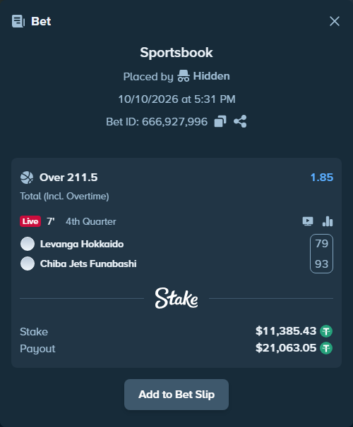 Bet slip: Levanga Hokkaido - Chiba Jets Funabashi, $11,396.82 stake at 1.85 odds, placed by Hidden