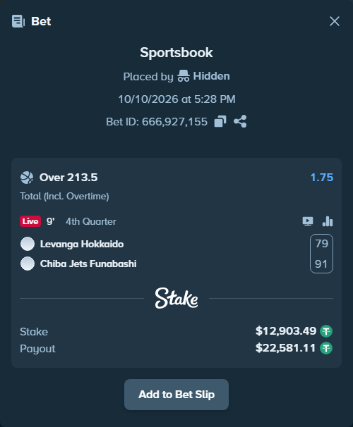 Bet slip: Levanga Hokkaido - Chiba Jets Funabashi, $12,916.39 stake at 1.75 odds, placed by Hidden
