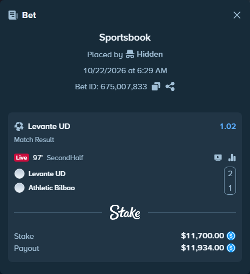 Bet slip: Levante - Athletic Bilbao, $11,700.00 stake at 1.02 odds, placed by Hidden