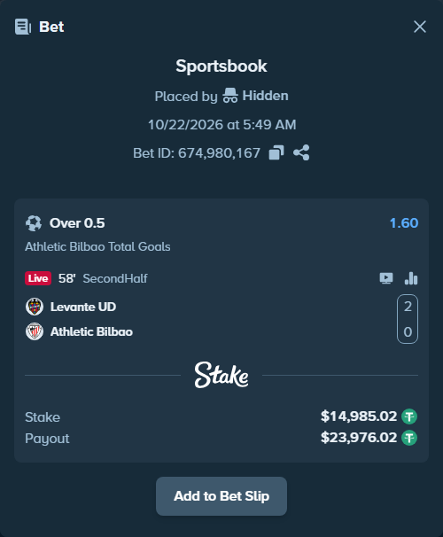 Bet slip: Levante - Athletic Bilbao, $15,000.00 stake at 1.60 odds, placed by Jackpoor