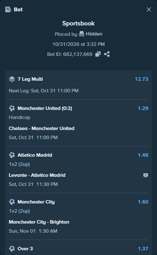 Bet slip: Levante - Atletico Madrid, $10,000.00 stake at 1.48 odds, placed by Hidden