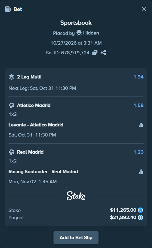 Bet slip: Levante - Atletico Madrid, $11,265.00 stake at 1.58 odds, placed by Frederik10