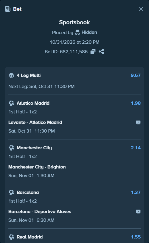 Bet slip: Levante - Atletico Madrid, $50,000.00 stake at 1.98 odds, placed by Hidden