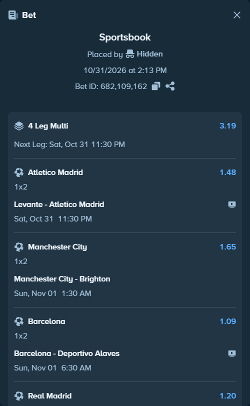 Bet slip: Levante - Atletico Madrid, $57,112.00 stake at 1.48 odds, placed by Hidden