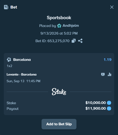 Bet slip: Levante - Barcelona, $10,000.00 stake at 1.19 odds, placed by Andhjelm